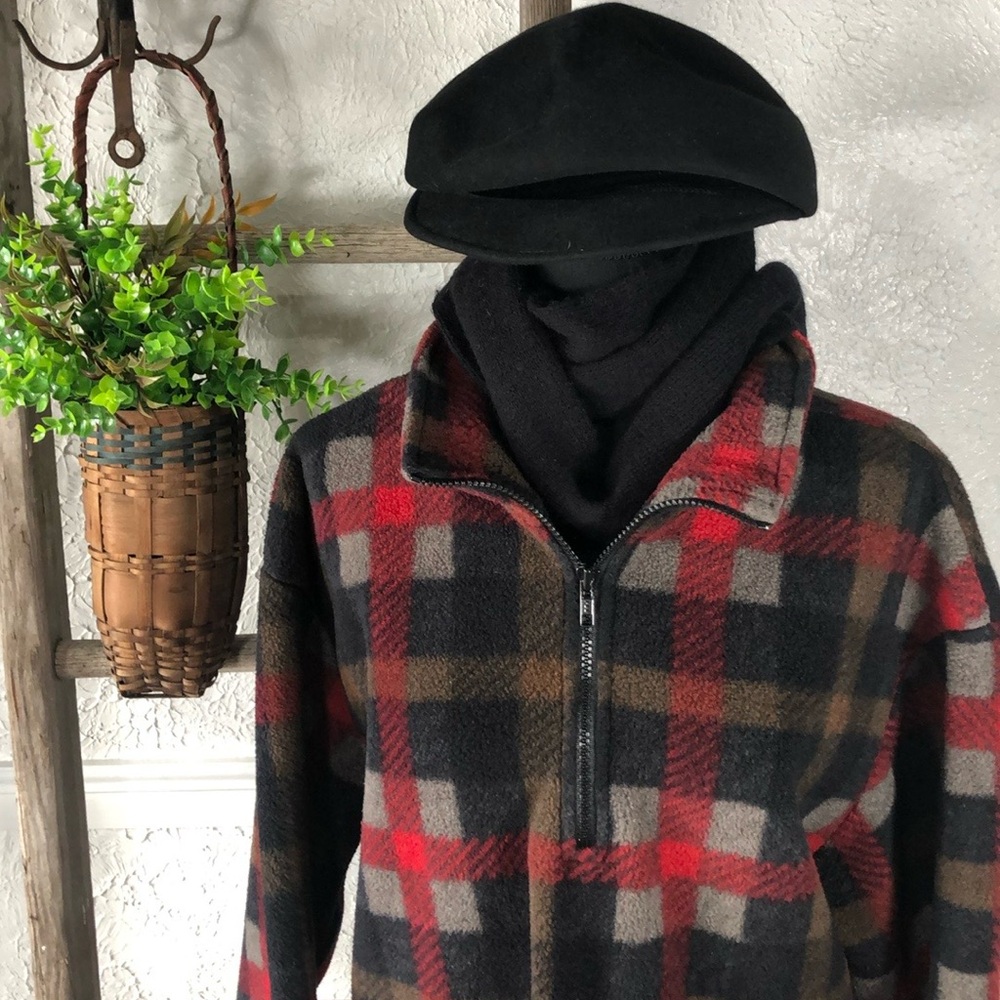 J Crew Plaid Polar Fleece Quarter Zip Over Jacket Red Black Unisex Fleece - Picture 8 of 16